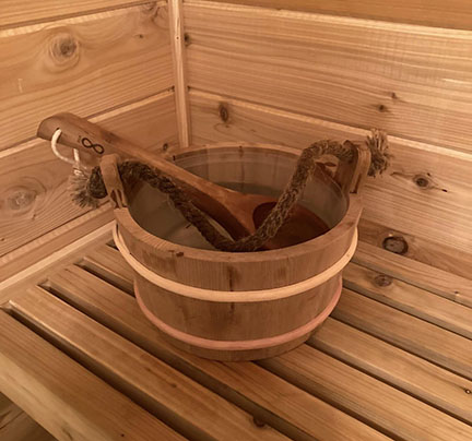 Picture of a basket of products inside of the sauna